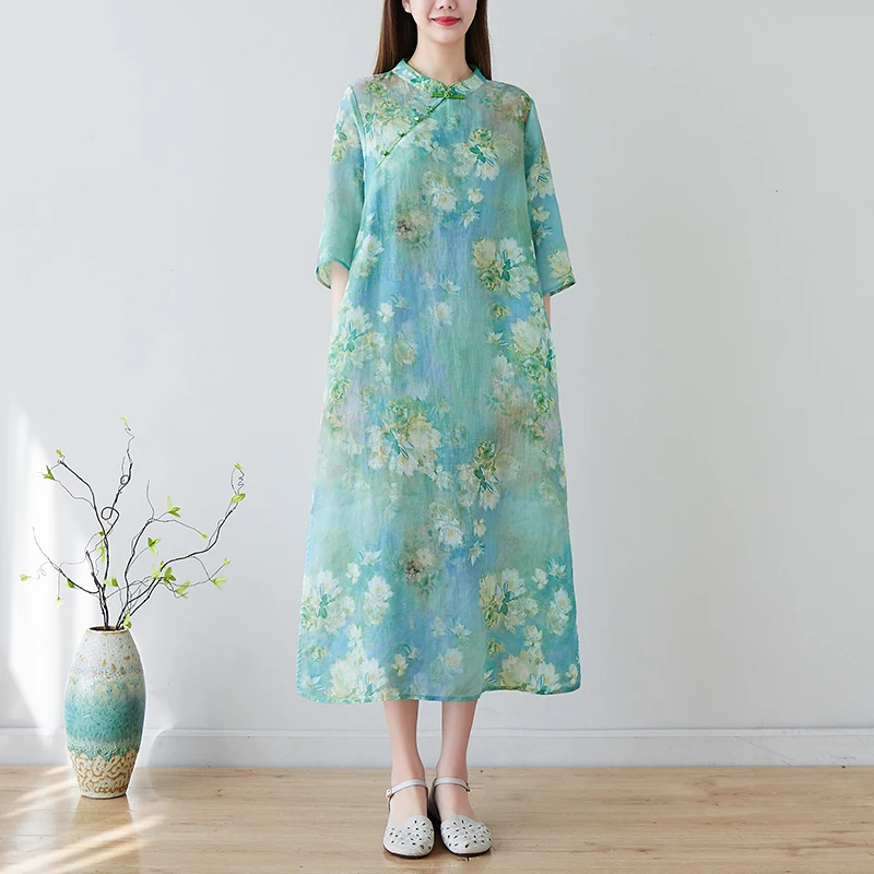 Винтажное платье в китайском стиле с воротником-стойкой, расшитое бисером, халат Cheongsam, тонкое мягкое хлопчатобумажное свободное модное женское повседневное летнее платье 0