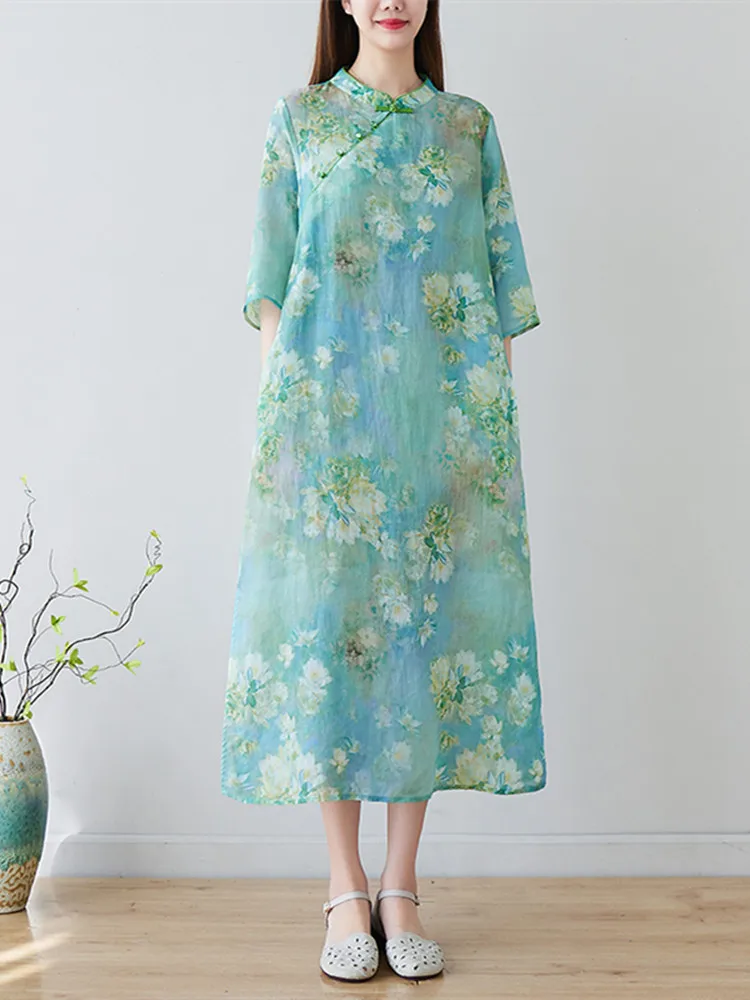 Винтажное платье в китайском стиле с воротником-стойкой, расшитое бисером, халат Cheongsam, тонкое мягкое хлопчатобумажное свободное модное женское повседневное летнее платье 1