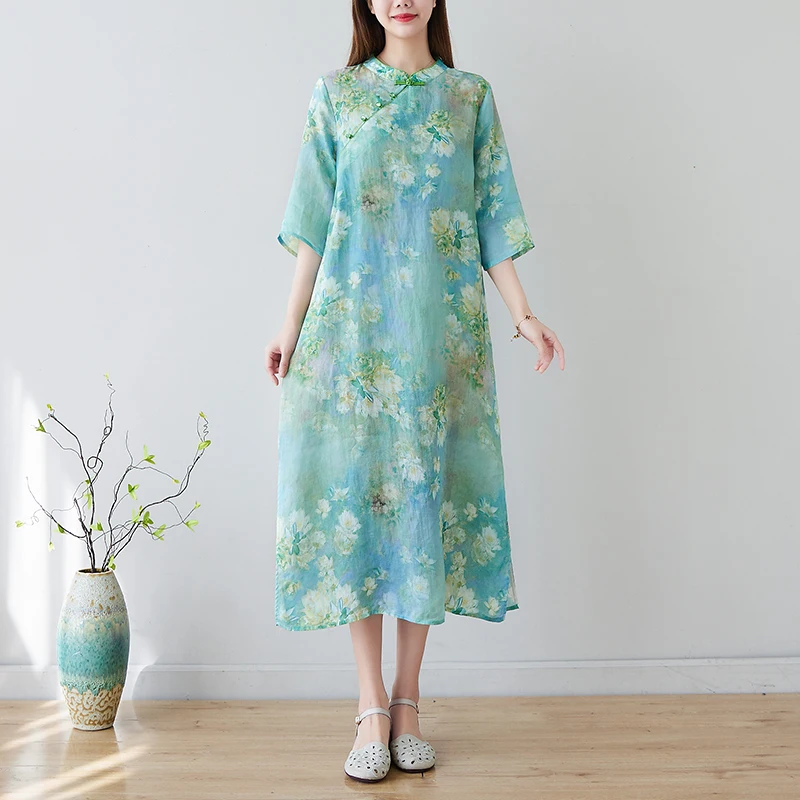 Винтажное платье в китайском стиле с воротником-стойкой, расшитое бисером, халат Cheongsam, тонкое мягкое хлопчатобумажное свободное модное женское повседневное летнее платье 2