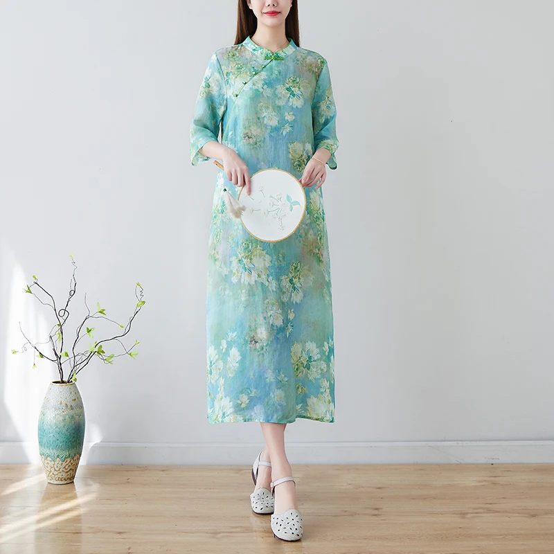Винтажное платье в китайском стиле с воротником-стойкой, расшитое бисером, халат Cheongsam, тонкое мягкое хлопчатобумажное свободное модное женское повседневное летнее платье 3