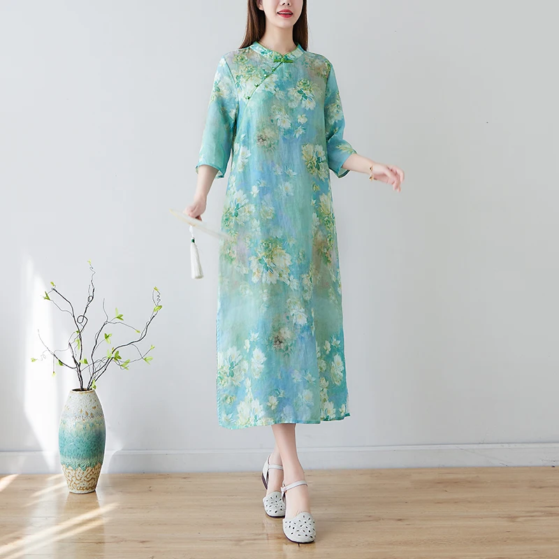 Винтажное платье в китайском стиле с воротником-стойкой, расшитое бисером, халат Cheongsam, тонкое мягкое хлопчатобумажное свободное модное женское повседневное летнее платье 4