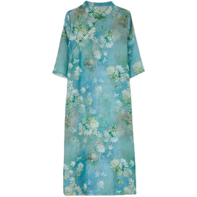 Винтажное платье в китайском стиле с воротником-стойкой, расшитое бисером, халат Cheongsam, тонкое мягкое хлопчатобумажное свободное модное женское повседневное летнее платье 5