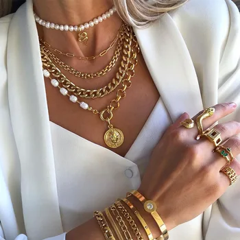 Многослойное ожерелье для женщин, ламинированное металлическим жемчугом, женское ожерелье, многослойная цепочка для свитера в стиле хип-хоп панк