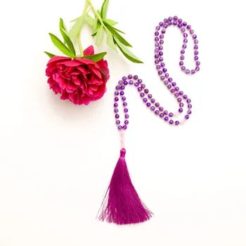 108 Бусин Мала, тибетские бусы, ожерелье из фиолетового кварца, ожерелье из розового кварца, ожерелья для йоги, бусины для медитации, буддийские украшения, молитва