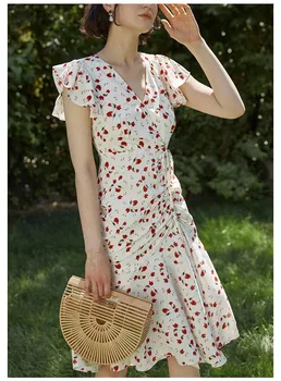 Платье миди с французским цветочным принтом, новинка весны 2023, V-образный вырез, винтажные платья с розами, плиссированная талия, рукава-бабочки, разрезы для праздников