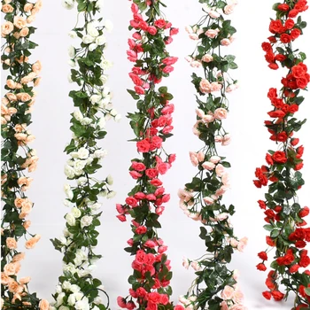 2,4 м Мини-роза, искусственные цветы, Ротанговые Шелковые листья Роз, Виноградная лоза, Подвесная Гирлянда для свадебного венка, декор стен, Искусственные растения