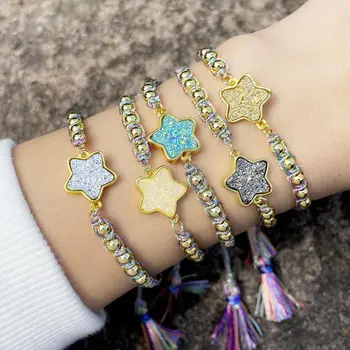 Плетеные украшения ручной работы в стиле Vlen Boho, Красочный регулируемый браслет с веревочной кисточкой для женщин, ювелирные браслеты с кристаллами и звездами