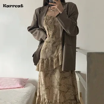 Karrcat Винтажное платье с оборками Гранж Нерегулярное платье Миди на бретельках в Корейском стиле Вечернее платье Элегантное Сказочное платье Vestidos