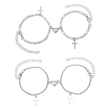2 предмета, магнитный браслет из нержавеющей стали для ювелирных украшений с крестом, браслет с сердечком, Кубинская цепочка, браслет для пар