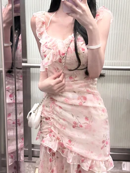 2023 Летнее Милое платье Миди с цветочным рисунком, женское пляжное повседневное вечернее платье, Офисное элегантное цельнокроеное платье Корейской моды