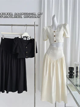 Летние женские модные французские винтажные наряды, комплект из 2 предметов, однобортные топы с круглым вырезом и коротким рукавом + плиссированные юбки Миди, элегантные
