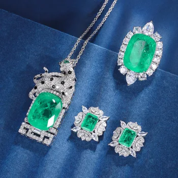 Роскошное ожерелье с изумрудным камнем 15 * 20 мм, подвеска, кольцо, серьги с лабораторным бриллиантом, набор женских украшений для свадебной вечеринки, подарок на годовщину.