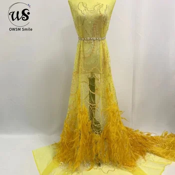 2023 новое Оригинальное Вечернее платье OWSM из перьев высшего качества ручной работы, Сетчатое кружево с бисером, блестки, вечернее платье из перьев