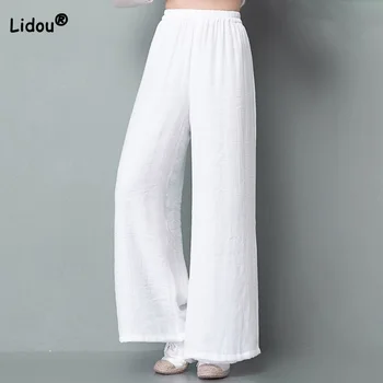 Этнические хлопчатобумажные конопляные черно-белые драповые брюки, модная летняя одежда в стиле ретро, эластичные Свободные женские брюки с высокой талией, широкие штанины