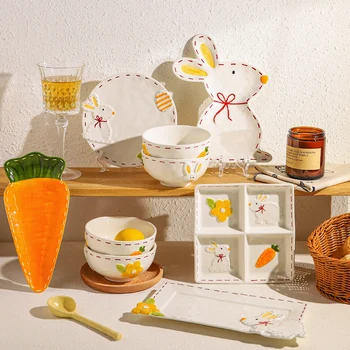 Набор керамической посуды с ручной росписью в виде милого кролика, Креативная тарелка, Высококачественная сенсорная тарелка, Миска для риса