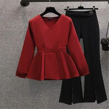 Летний новый элегантный женский комплект брюк, красное шифоновое пальто, Черные широкие брюки, удобный спортивный костюм из двух предметов, женский спортивный костюм