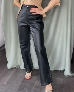 Уникальные Стильные Кожаные брюки для женщин из натуральной овечьей кожи с черными шипами
