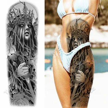 Временные татуировки на рукаве для женщин, взрослых, шипы, Лев, Волк, компас, цветок, поддельная татуировка, наклейка на бедро, водонепроницаемые татуировки, рыцарь