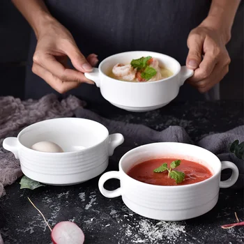 Nordic creative ins чистый белый набор керамической посуды с двумя ушками, десертная круглая чаша, заказ посуды для западного ресторана