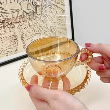 Кофейная чашка и блюдца из высококачественного скандинавского стекла, средневековые чашки для послеобеденного чая, Нишевая янтарная роскошная кружка
