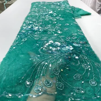 Кружевная ткань из 5 ярдов зеленого Африканского тюля 2023, высококачественный кружевной материал с тяжелыми бусинами, Нигерийские французские блестки, кружевная ткань для платья