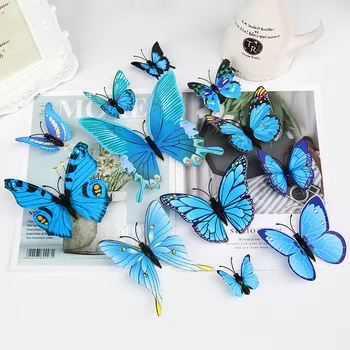 12ШТ Новый стиль, двухслойные 3D наклейки на стену с бабочками, декор для дома, бабочки для свадебного украшения, магнитные наклейки на холодильник
