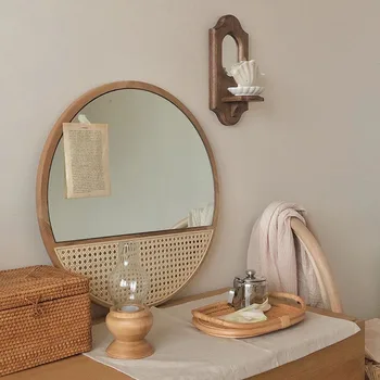 Зеркало из массива дерева и ротанга, круглый туалетный столик в ванной комнате в стиле ретро, зеркало для макияжа, Эстетичный дизайн, Декоративное Оформление комнаты