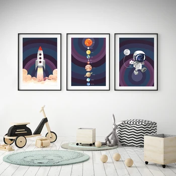 Настенное искусство Солнечной системы, плакаты и принты с изображением Земли, Космический корабль, Ракета, украшение, Космический плакат для спальни, детской, домашнего декора