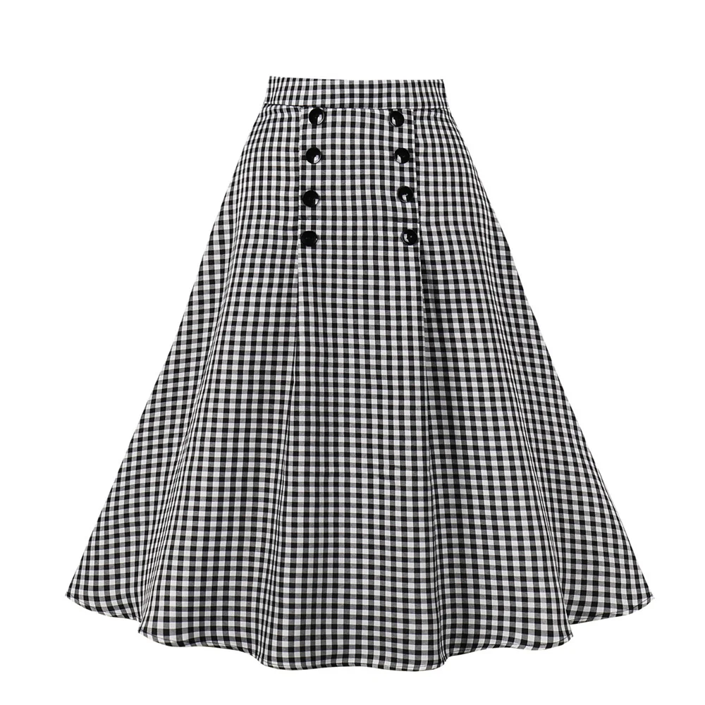 Летние винтажные юбки-качели в черную клетку с высокой талией 1950-х годов, женская рабочая одежда на пуговицах, юбка миди Christmas Jupe Femme Saias 0