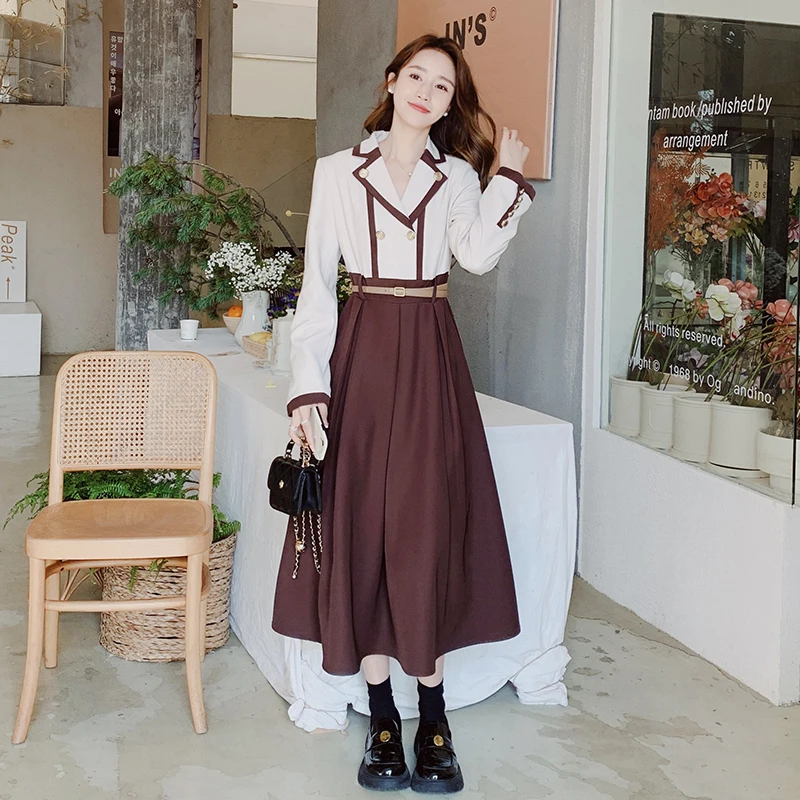 Женское Модное платье с пуговицами контрастного цвета с длинным рукавом на пуговицах 2023 Весна Осень Элегантные Свободные платья Макси в Корейском стиле C355 0