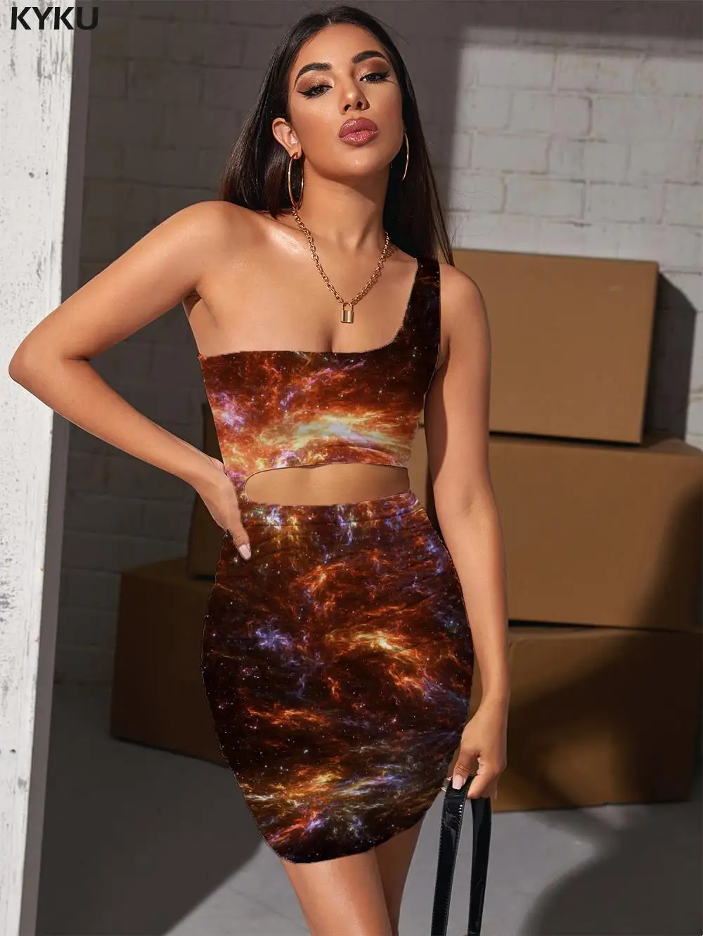 Бренд KYKU Galaxy Dresses Женские платья с вырезами Nebula, Разноцветное облегающее платье в складку, клубная женская одежда, винтаж 0