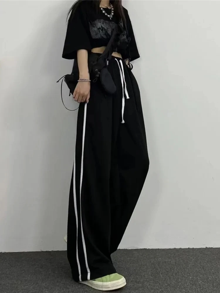 Zoki Уличная одежда, Свободные Черные брюки в полоску, женские повседневные спортивные брюки с высокой талией, Корейский элегантный дизайн, шикарные широкие брюки в корейском стиле 0