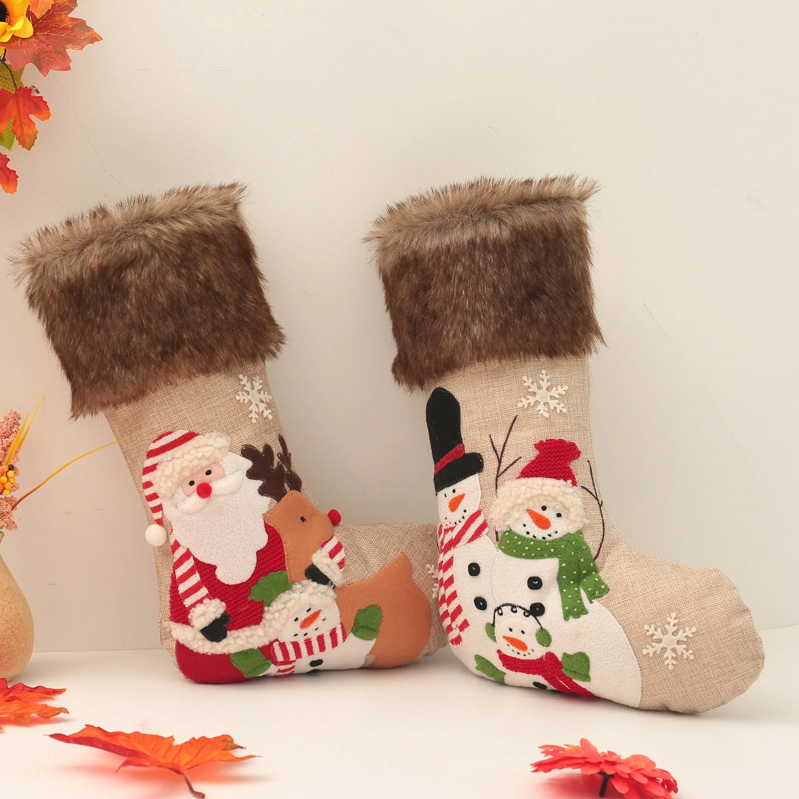 Рождественские чулки Украшение Плюшевая вышивка Снеговик Санта Клаус Рождественские носки Украшение Детские подарочные носки Подвеска 0