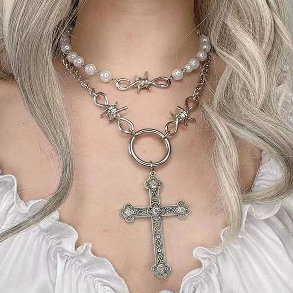 Модное хип-хоп ретро жемчужное ожерелье Y2K цепочка на ключицу с христианским крестом женская милая подвеска в стиле панк для мужчин и женщин подарки 0
