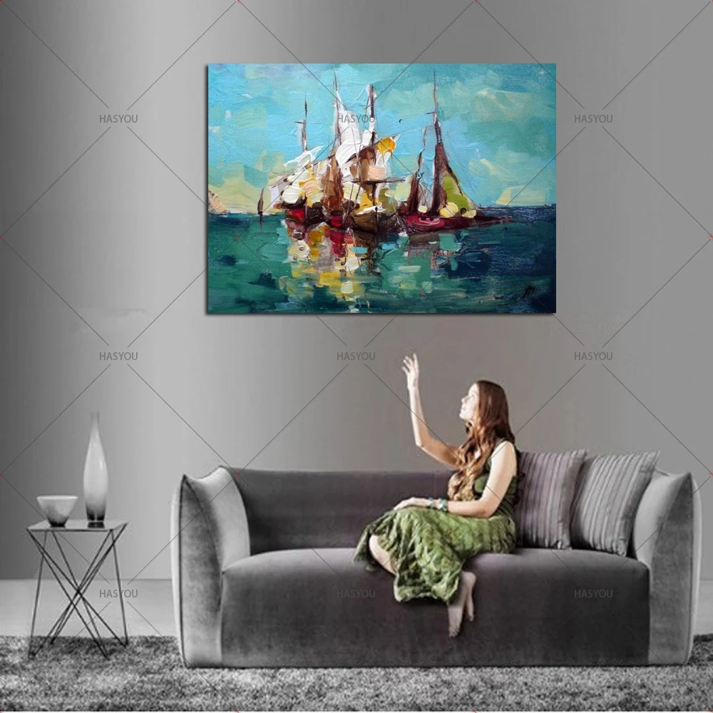 Ручная роспись, настенная живопись маслом, парусная картина ручной работы, современные абстрактные лодки в море, картина маслом на холсте для домашнего декора 0