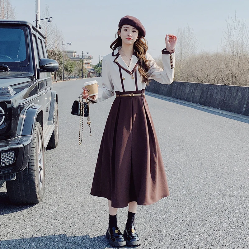 Женское Модное платье с пуговицами контрастного цвета с длинным рукавом на пуговицах 2023 Весна Осень Элегантные Свободные платья Макси в Корейском стиле C355 1