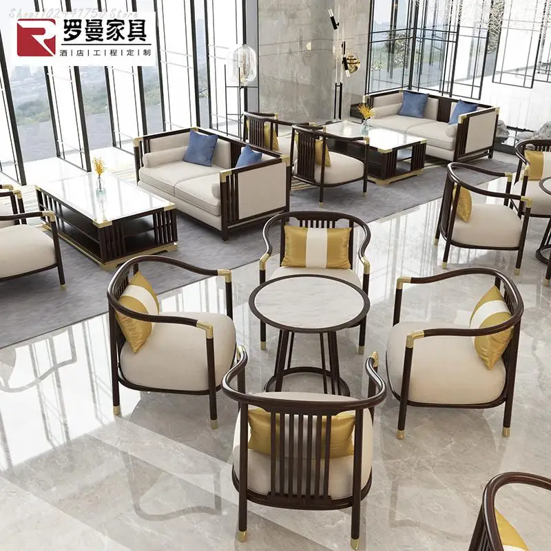Новый офис продаж в китайском стиле, сочетание стола для переговоров и стула, Легкая роскошь, простая стойка регистрации, 1 стол и 4 стула, отель 1