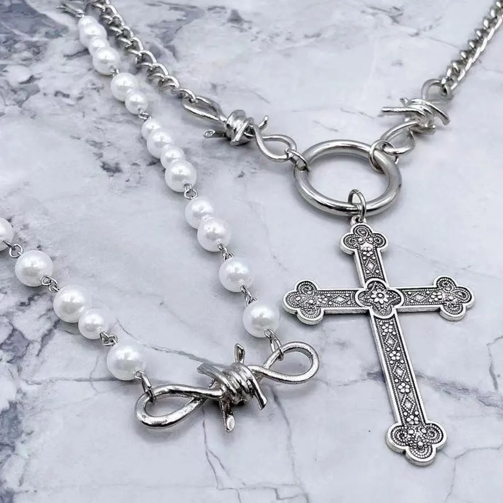 Модное хип-хоп ретро жемчужное ожерелье Y2K цепочка на ключицу с христианским крестом женская милая подвеска в стиле панк для мужчин и женщин подарки 1