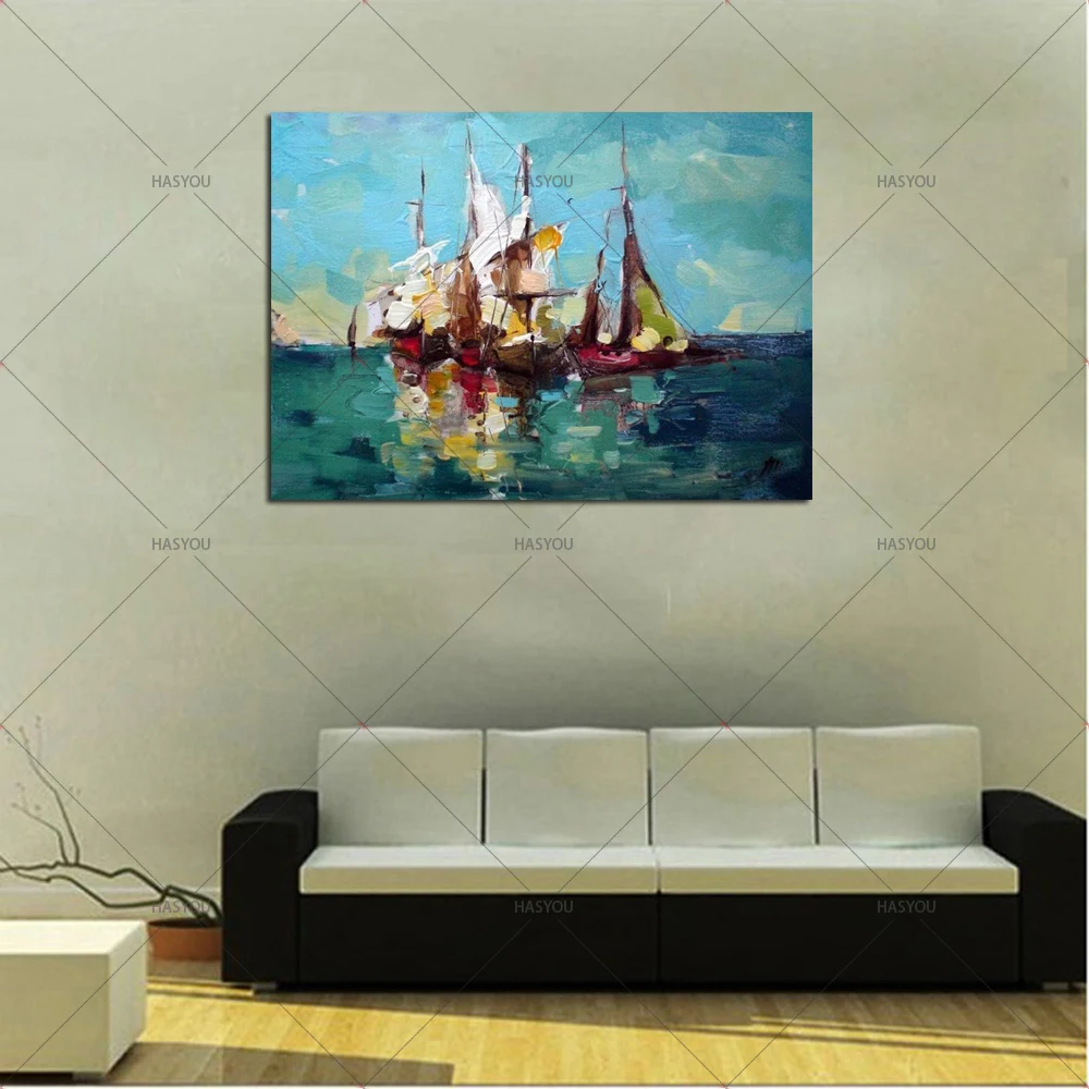 Ручная роспись, настенная живопись маслом, парусная картина ручной работы, современные абстрактные лодки в море, картина маслом на холсте для домашнего декора 1