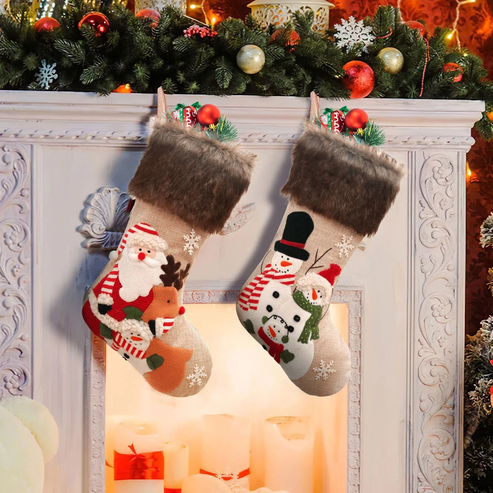 Рождественские чулки Украшение Плюшевая вышивка Снеговик Санта Клаус Рождественские носки Украшение Детские подарочные носки Подвеска 2