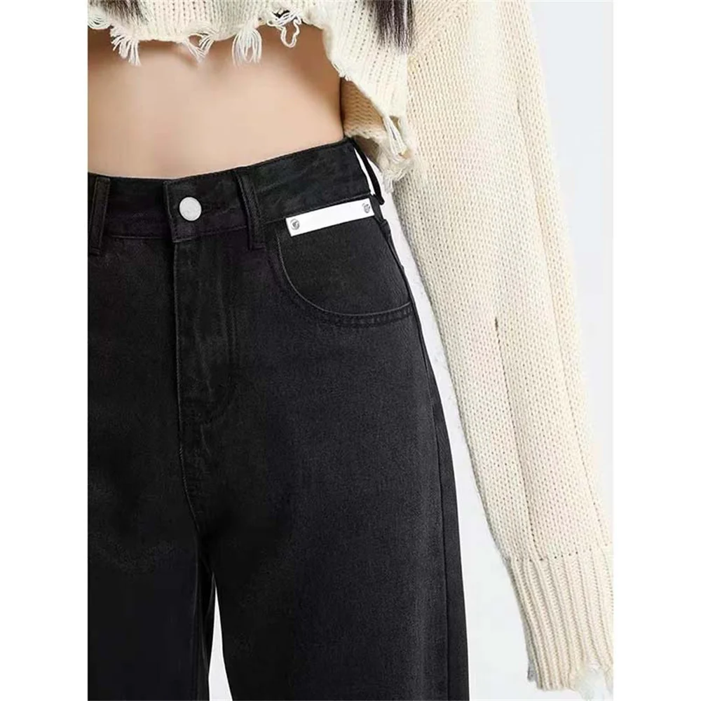 Джинсы, женские универсальные брюки в корейском стиле, джинсовые винтажные черные однотонные леггинсы с высокой талией, Осенние мешковатые шикарные Ulzzang Street Casual 2