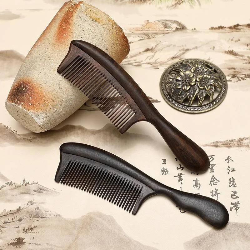 Расческа для волос из черного сандалового дерева, деревянная расческа с мелкими зубьями для массажа вьющихся прямых волос, Антистатическая для распутывания 2