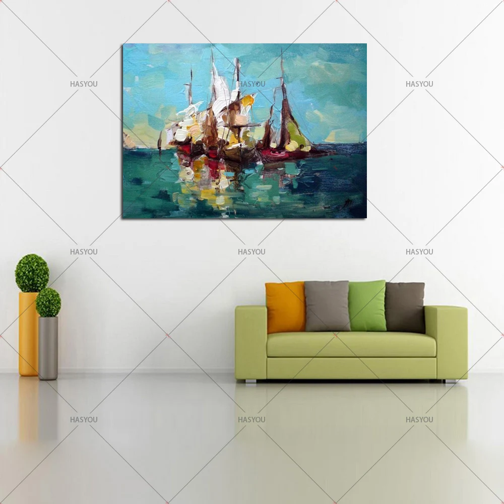 Ручная роспись, настенная живопись маслом, парусная картина ручной работы, современные абстрактные лодки в море, картина маслом на холсте для домашнего декора 2