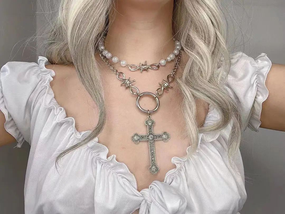 Модное хип-хоп ретро жемчужное ожерелье Y2K цепочка на ключицу с христианским крестом женская милая подвеска в стиле панк для мужчин и женщин подарки 3