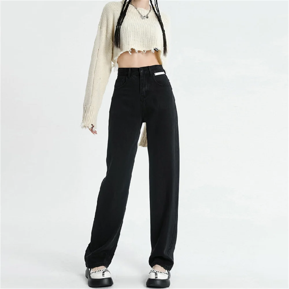 Джинсы, женские универсальные брюки в корейском стиле, джинсовые винтажные черные однотонные леггинсы с высокой талией, Осенние мешковатые шикарные Ulzzang Street Casual 3