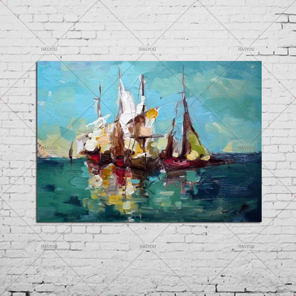 Ручная роспись, настенная живопись маслом, парусная картина ручной работы, современные абстрактные лодки в море, картина маслом на холсте для домашнего декора 3