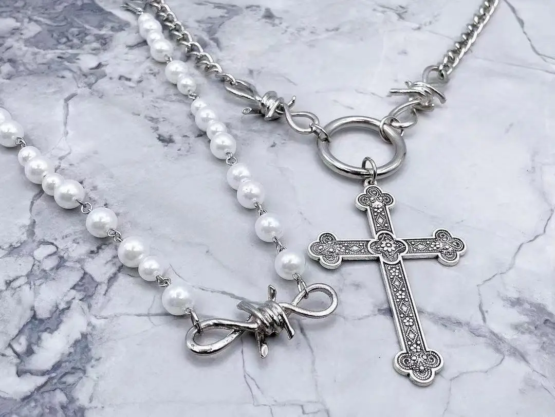 Модное хип-хоп ретро жемчужное ожерелье Y2K цепочка на ключицу с христианским крестом женская милая подвеска в стиле панк для мужчин и женщин подарки 4