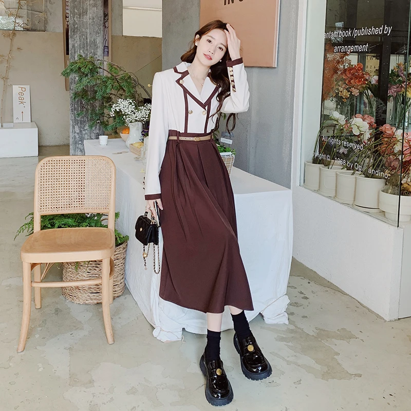 Женское Модное платье с пуговицами контрастного цвета с длинным рукавом на пуговицах 2023 Весна Осень Элегантные Свободные платья Макси в Корейском стиле C355 5