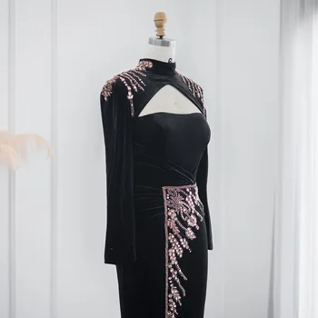 Элегантное мусульманское вечернее платье русалки из черного бархата, роскошные арабские женские платья для свадебных вечеринок в Дубае с длинным рукавом