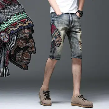 Новые рваные джинсовые шорты в стиле ретро, мужская индивидуальность, тренд на цветочную вышивку, самосовершенствование, брюки для маленьких ног со стрейчем